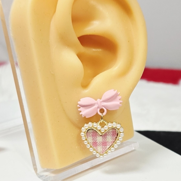 Pink Gingham Heart Dangle Earrings | Coquette Bow Pearl Valentine Studs Romantic - Picture 4 of 6